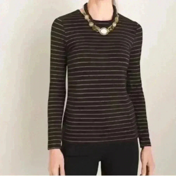 Chicos Top Sz 3/XL Black Gold Metallic Stripe Long-Sleeve Round Neck Layering - Picture 2 of 9